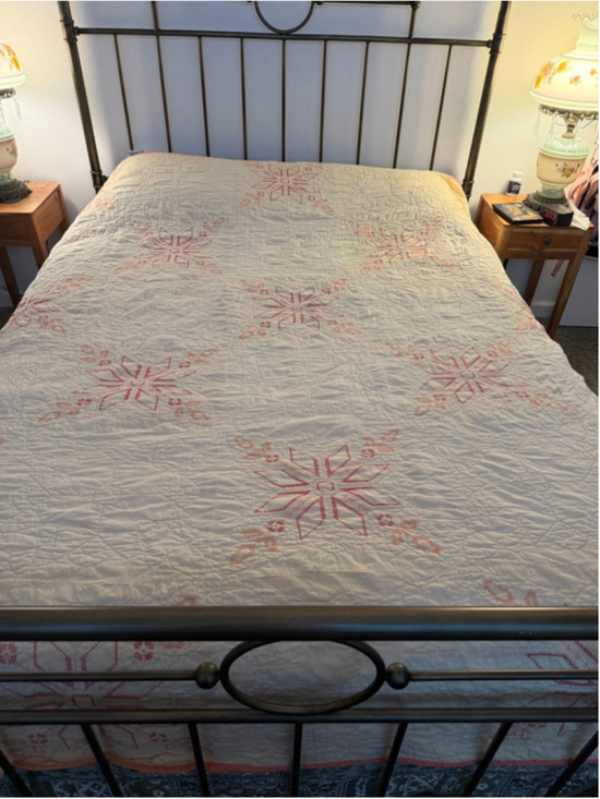 Handmade Other - Vintage Handmade Quilt Hand Quilted Embroidered Floral Star 79x90 Full Queen Cot